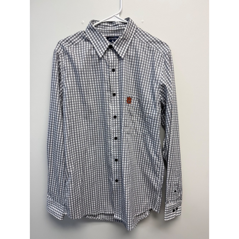 Antigua Auburn Tigers Gingham Button Up Shirt Mens Medium Grey White Long Sleeve